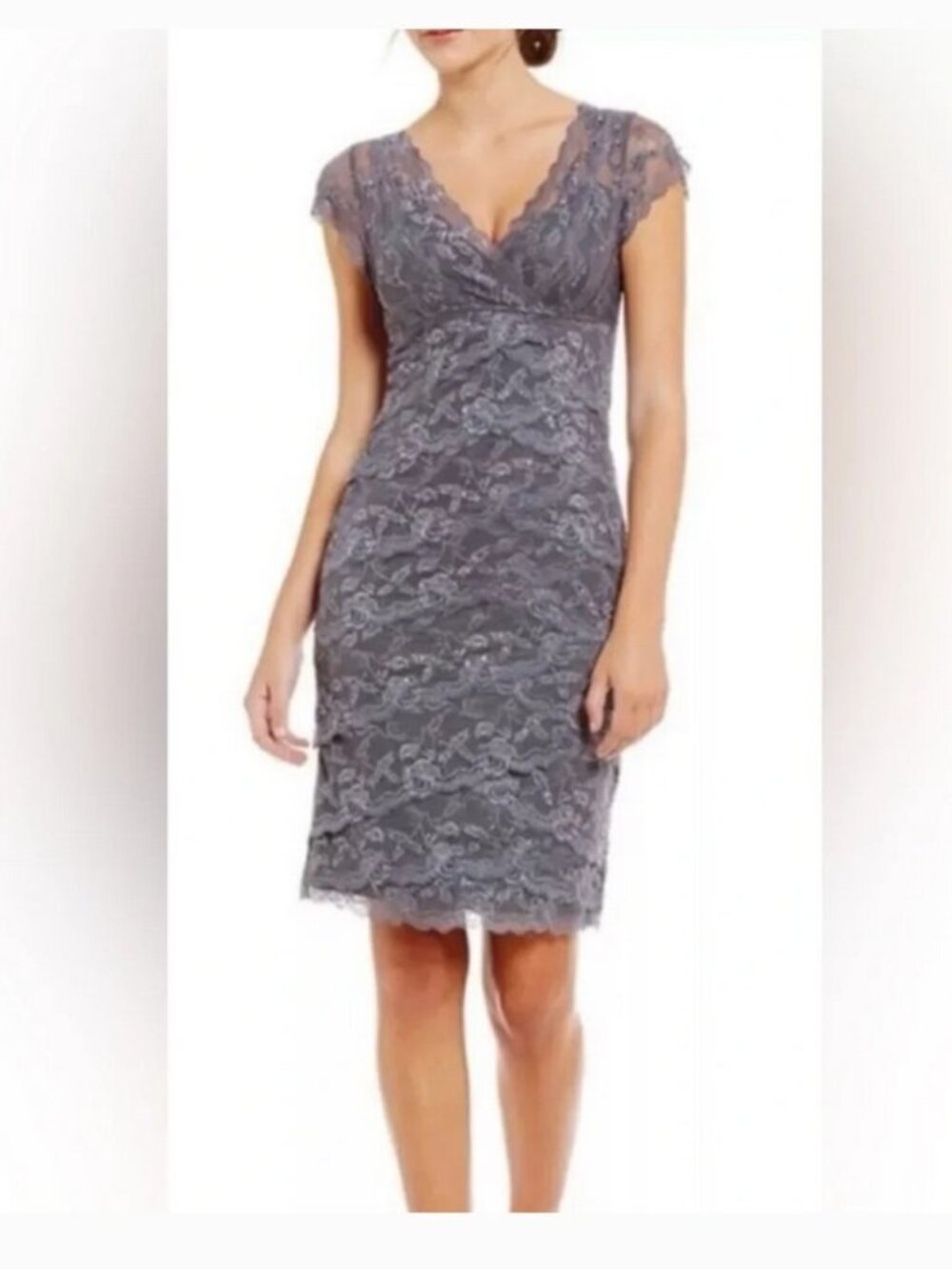 MARINA Smoky Amethyst Lace Cocktail Dress with V-Neck